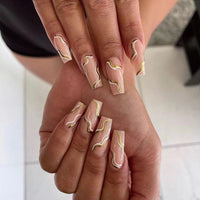 French Ballet False Nails With Gold Foil Glitter Designs Wearable Long Coffin Ballerina Press On Fake Nails Full Cover Nail Tips