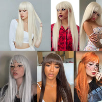 Synthetic Blonde Wigs Long Straight Wigs with Bangs for White Black Women Red Pink Black Brown