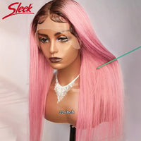 Sleek Pink Lace Wig Brazlian Silky Straight Lace Front Part Wigs For Women Natural Remy Ombre TT2- Pink Human Hair Lace Part Wig