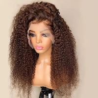 26 Inches Brown Preplucked 180%Density Glueless Kinky Curly Lace Front Wig With BabyHair Synthetic
