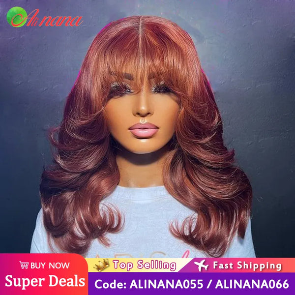 Reddish Brown Colored Body Wave With Bang 13x6 Lace Frontal Wig Brazilian Remy Human Hair Wig For Women 4x6 Glueless Wear Go Wig