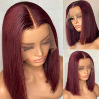 Straight Short Bob Human Hair Wig Blunt Cut Bone Straight Lace Frontal Wigs Burgundy 99J Lace Front Bob Wig Straight