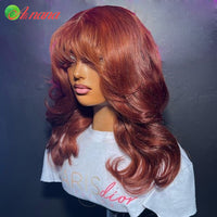 Reddish Brown Colored Body Wave With Bang 13x6 Lace Frontal Wig Brazilian Remy Human Hair Wig For Women 4x6 Glueless Wear Go Wig