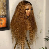 180Density Soft 26Inch Long Kinky Curly Ombre Blonde Lace Front Wig  BabyHair Glueless Preplucked Synthetic Daily