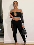 Kliou See Through Sexy Two Piece Set Women Off Shoulder Hollow Out Full Sleeve Tops+Striped Skinny Pants Female Lingerie Outfits