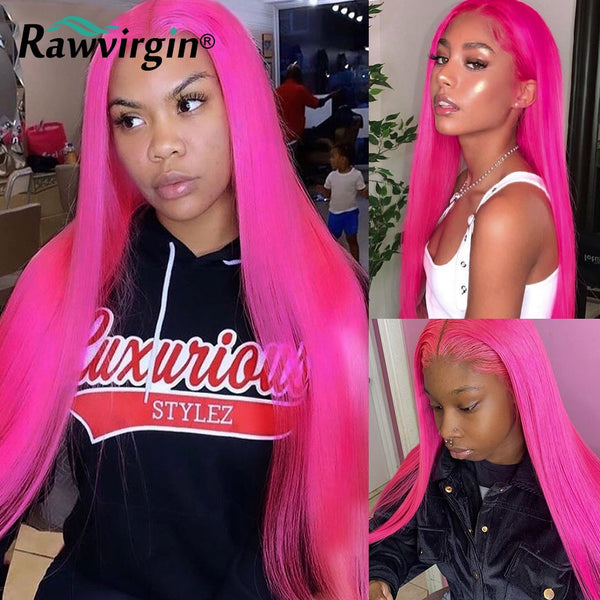 32 34 inch Hot Pink Wig 13x6 HD Transparent Lace Front Wigs Human Hair Wig Colored Straight 13x4 Lace Frontal