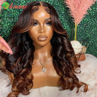Ombre Ginger Brown Colored 13x6 HD Transparent Lace Frontal Wig Wave Pre-Plucked 12A Grade Lace Closure Human Hair Wig For Women