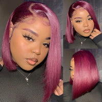 Straight Short Bob Human Hair Wig Blunt Cut Bone Straight Lace Frontal Wigs Burgundy 99J Lace Front Bob Wig Straight