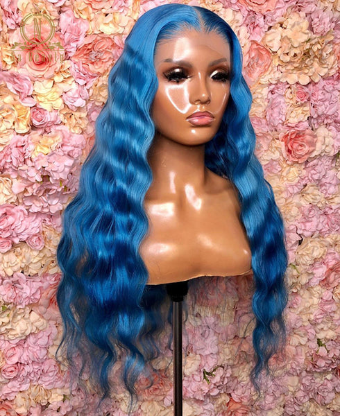 30 inch Lace Front Human Hair Wigs Burgundy Blue Colors Deep Wave Ombre Preplucked HD Lace Frontal Wig - Divine Diva Beauty