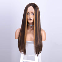 Long Straight Highlights Wig 24 Inch Synthetic Wigs Middle Part Blonde Highlights Hair Wigs Natural Looking Heat Resistant Fiber Brown Highlights - Divine Diva Beauty