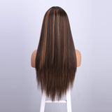 Long Straight Highlights Wig 24 Inch Synthetic Wigs Middle Part Blonde Highlights Hair Wigs Natural Looking Heat Resistant Fiber Brown Highlights - Divine Diva Beauty
