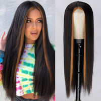 Long Straight Highlights Wig 24 Inch Synthetic Wigs Middle Part Blonde Highlights Hair Wigs Natural Looking Heat Resistant Fiber Brown Highlights - Divine Diva Beauty