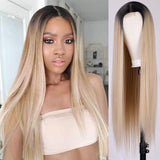 Long Straight Highlights Wig 24 Inch Synthetic Wigs Middle Part Blonde Highlights Hair Wigs Natural Looking Heat Resistant Fiber Brown Highlights - Divine Diva Beauty