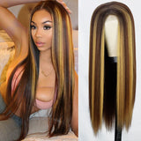 Long Straight Highlights Wig 24 Inch Synthetic Wigs Middle Part Blonde Highlights Hair Wigs Natural Looking Heat Resistant Fiber Brown Highlights - Divine Diva Beauty