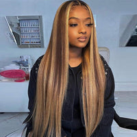 Long Straight Highlights Wig 24 Inch Synthetic Wigs Middle Part Blonde Highlights Hair Wigs Natural Looking Heat Resistant Fiber Brown Highlights - Divine Diva Beauty