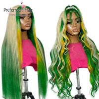 Body Wave Highlight Yellow Green Blonde Colored Transparent 13X4 Lace Front Human hair