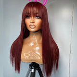 99J Burgundy Red Human Hair Wig With Bangs Straight Remy Bang Wig Human Hair Full Machine Made Colored Human Hair Wigs