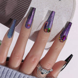 24Pcs Charming Sparkling Purple Long Coffin False Nail Press On Nail Tips Girl Decoration Crystal Fake Nail With Design