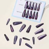 24Pcs Charming Sparkling Purple Long Coffin False Nail Press On Nail Tips Girl Decoration Crystal Fake Nail With Design