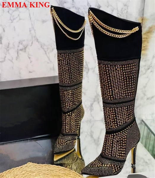 Luxury Designer Crystal Chain Knee High Boots