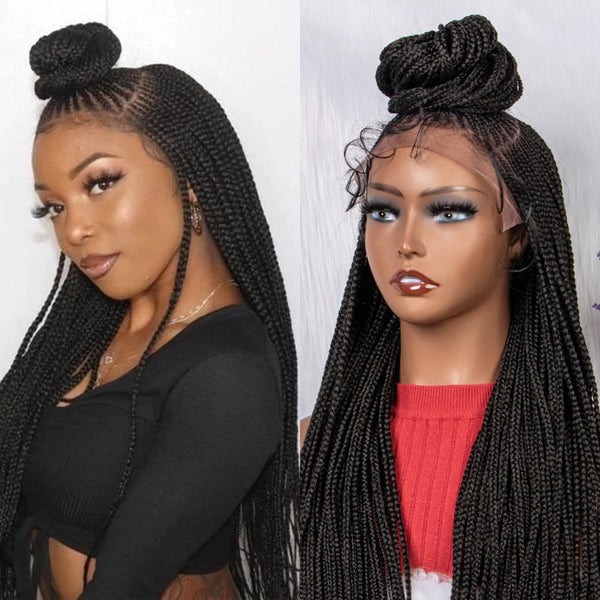 28 Inches Synthetic Black Box Braided Lace Front Wigs With Baby Hair Natural Knotless Braiding Wig