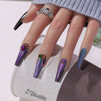 24Pcs Charming Sparkling Purple Long Coffin False Nail Press On Nail Tips Girl Decoration Crystal Fake Nail With Design