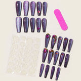 24Pcs Charming Sparkling Purple Long Coffin False Nail Press On Nail Tips Girl Decoration Crystal Fake Nail With Design