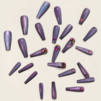 24Pcs Charming Sparkling Purple Long Coffin False Nail Press On Nail Tips Girl Decoration Crystal Fake Nail With Design