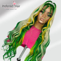 Body Wave Highlight Yellow Green Blonde Colored Transparent 13X4 Lace Front Human hair