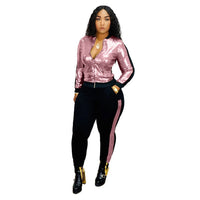 Sequin 2 Piece Set Women Tracksuit Long Sleeve Jacket Top Pants Suit plus size avail