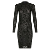 Midi Dress Black Flocking Stripes Half-high Dress