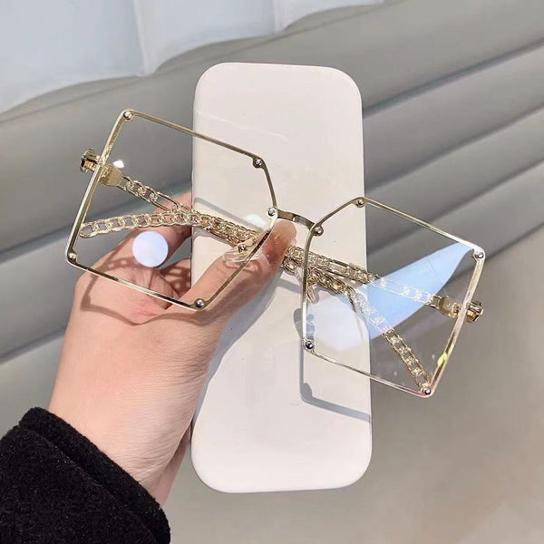 Oversized glasses Women Vintage Alloy Chain Rivet Square Eyeglasses