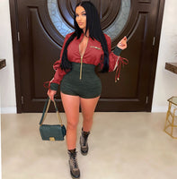Loose Long Sleeve Strappy Zip Colorblock Romper bodysuit Waist Jumpsuit Shorts