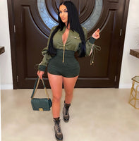 Loose Long Sleeve Strappy Zip Colorblock Romper bodysuit Waist Jumpsuit Shorts