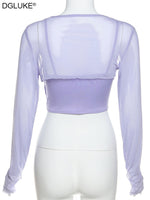 Purple Long Sleeve Crop Top Spaghetti Strap Corset Top Shirt - Divine Diva Beauty