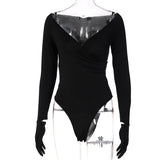 Solid Deep V Neck Pleated Long Sleeves With Gloves Bodysuit