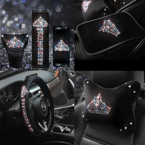 Crystal Diamond Car Steering Wheel Covers Crown Handbrake Gear Cover Seat Belt Shoulder Headrest Pads Auto Interior Accessories - Divine Diva Beauty