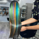 Natural Black Blue Green Rainbow Colored Human Hair Wigs for Women 13x4 Straight Lace Front Wig Pre Plucked Hairline - Divine Diva Beauty