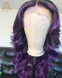 Violet Purple Color Wig Water Wave T Part Lace Human Hair Wigs Pre Plucked HD Transparent 13x1 Lace Wig