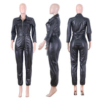Sexy PU Leather Long Sleeve Jumpsuit bodysuit