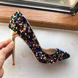 Blue Bling Sequins Women Sexy Extremely High Heels Pointed Toe Slip On Stiletto Chic Pumps - Divine Diva Beauty