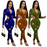 Sexy Hole Velvet Jumpsuit Cut Out Zipper Long Sleeve Pants Playsuit bodysuit Romper Overalls - Divine Diva Beauty