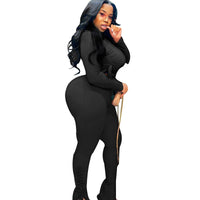 Sexy Plus Size Ribbed Long Sleeve Crop Sets 2 piece