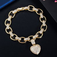 Love Heart Charm CZ Gold Plated Cuban Link Chain Bracelets Jewelry