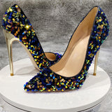 Blue Bling Sequins Women Sexy Extremely High Heels Pointed Toe Slip On Stiletto Chic Pumps - Divine Diva Beauty