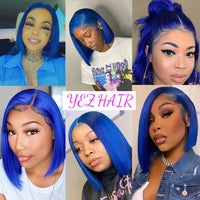 Blue Bob Wig Lace Front Human Hair Wigs Color 13x4 Bob Human Hair Straight Front Lace Smooth Wig For Women Y46124 - Divine Diva Beauty