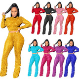 2 pcs Women Set Solid Sparkly O-neck Short Top shirt Long Pants - Divine Diva Beauty