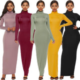 Plus Size avail Party Solid Color Women Long Sleeve Turtleneck Bodycon Maxi Dress