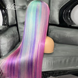 Pastel Purple Rainbow Colored Straight Lace Front Wig with Bangs Pre Plucked Blue Pink 13x4 Lace Front Human Hair Wigs - Divine Diva Beauty
