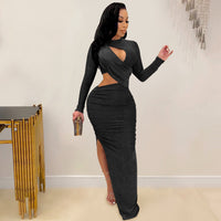 Elegant Glitter Solid Runched Long Women Dress Sexy Cut Out O Neck Long Sleeve High Slit Evening Club Party Dress